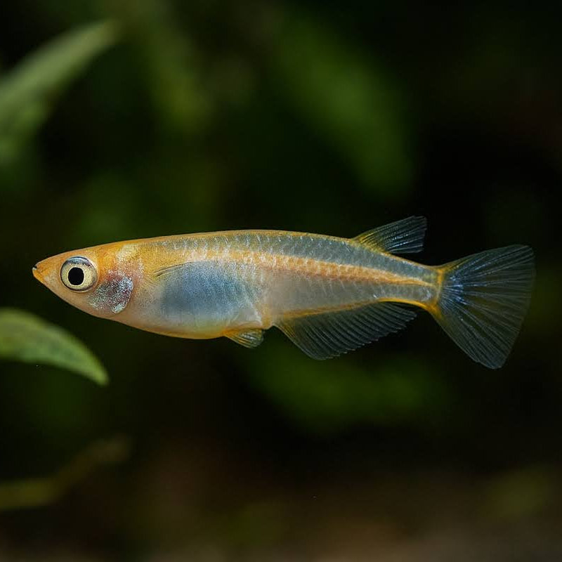 Small fish swimming in an aquarium with green plants