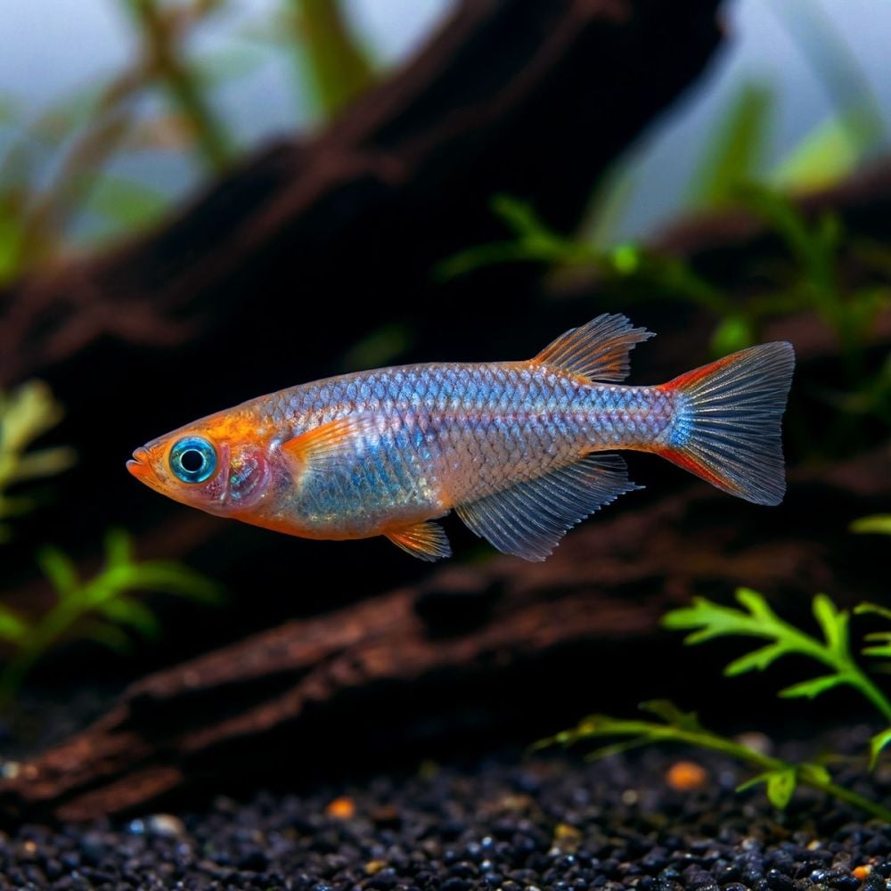 Colorful fish in an aquarium setting with green plants and dark substrate